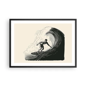 Affiche dans un cadre noir - Poster - Graphique en noir et blanc d'un surfeur sur une vague - 70x50cm - Le roi de la vague - Décoration murale moderne pour le salon et la chambre ARTTOR