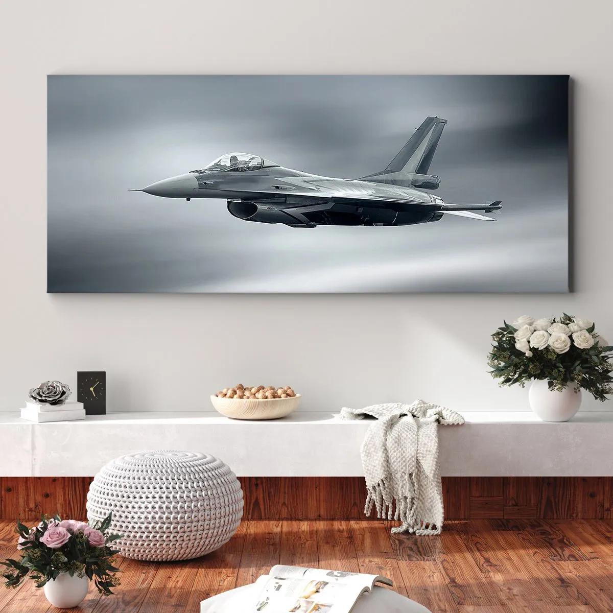 Impression sur toile - Image sur toile - Un avion de chasse en vol contre un ciel nuageux - 160x50cm - Acceptez-vous le défi? - Décoration murale moderne pour le salon et la chambre ARTTOR