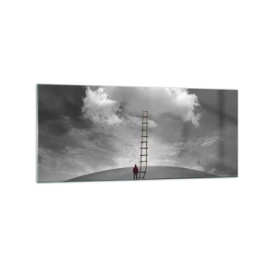 Impression sur verre - Image sur verre - Une personne portant un manteau rouge et une échelle menant à un nuage - 120x50cm - Tout est possible - Décoration murale moderne pour le salon et la chambre ARTTOR