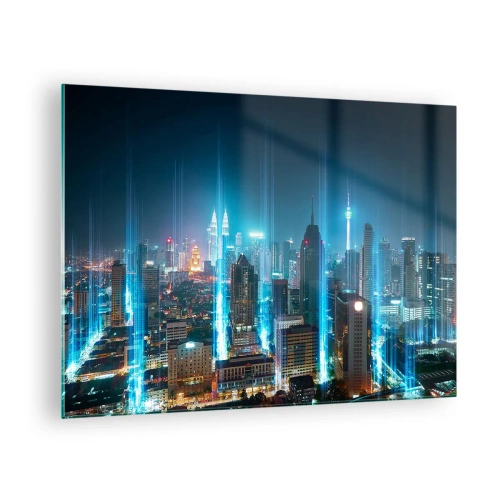Impression sur verre - Image sur verre - Une ville nocturne avec de grands immeubles et des traînées lumineuses - 70x50cm - À Berlin au paradis - Décoration murale moderne pour le salon et la chambre ARTTOR