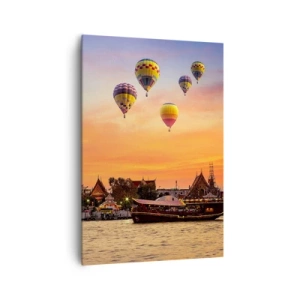 Impression sur toile - Image sur toile - Un temple et des ballons sur fond de soleil couchant sur la rivière - 70x100cm - C'est ici que naissent les contes de fées - Décoration murale moderne pour le salon et la chambre ARTTOR