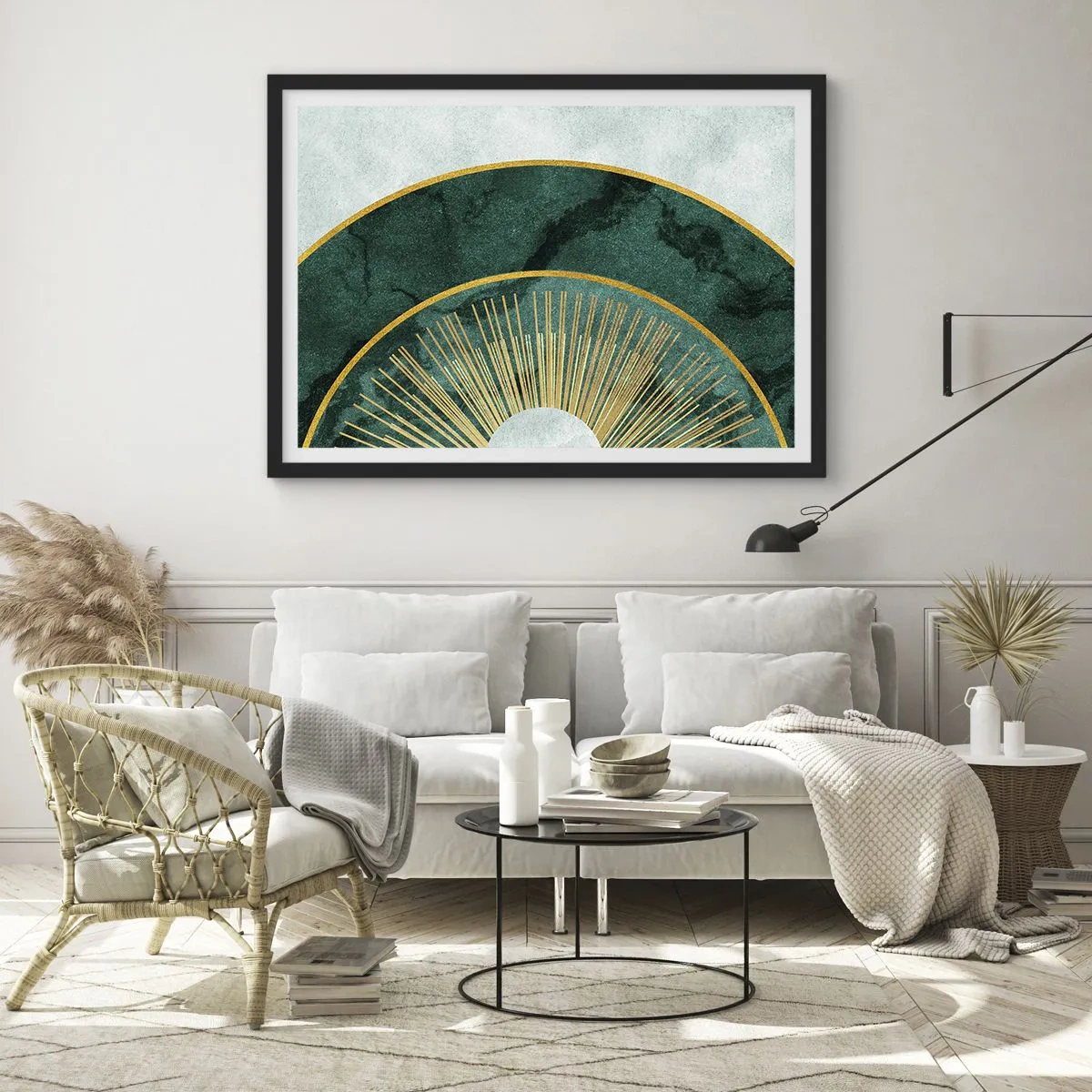 Affiche dans un cadre noir - Poster - Motif abstrait avec des cercles aux couleurs émeraude et or. - 70x50cm - Un autre système solaire - Décoration murale moderne pour le salon et la chambre ARTTOR