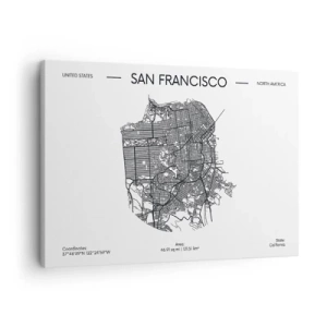 Impression sur toile - Image sur toile - Une carte de San Francisco dans un style minimaliste en noir et blanc. - 70x50cm - Anatomie de San Fransisco - Décoration murale moderne pour le salon et la chambre ARTTOR