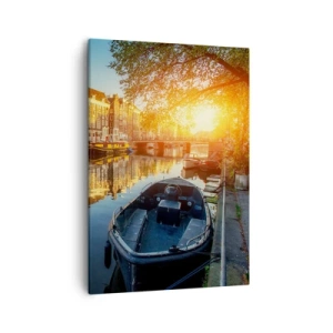 Impression sur toile - Image sur toile - Canal d'Amsterdam au coucher du soleil - 50x70cm - Début de journée à Amsterdam - Décoration murale moderne pour le salon et la chambre ARTTOR