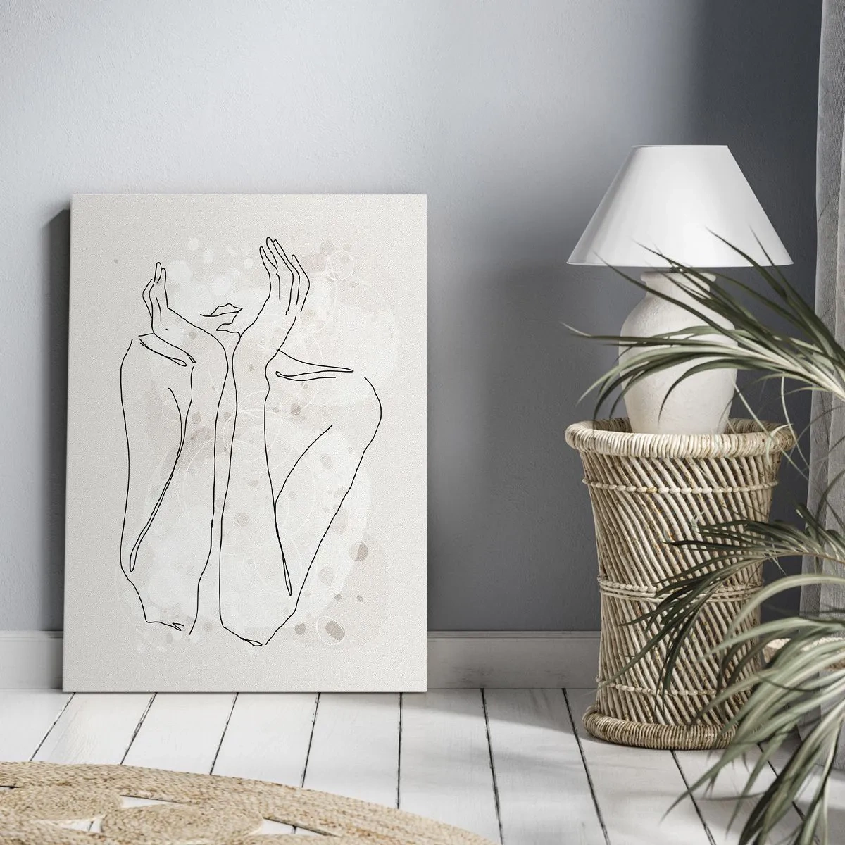 Impression sur toile - Image sur toile - Ligne de contour montrant les mains d'une femme sur un fond clair - 50x70cm - Instant de rêve - Décoration murale moderne pour le salon et la chambre ARTTOR