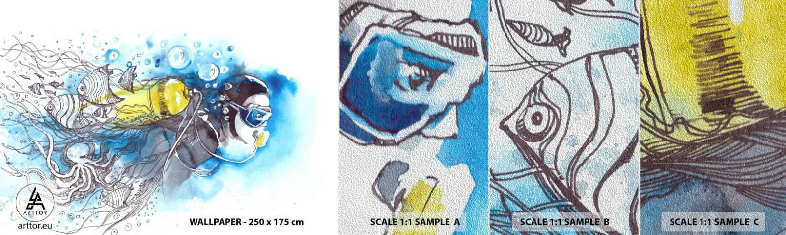 Échantillon de Papier Peint Premium Sand - Le grand bleu - Plongée, Poisson, sport - 100x30 cm