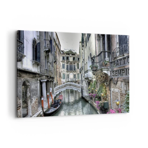 Impression sur toile - Image sur toile - Canal vénitien avec gondole et pont de pierre - 100x70cm - Pendant des siècles dans une réflexion silencieuse - Décoration murale moderne pour le salon et la chambre ARTTOR