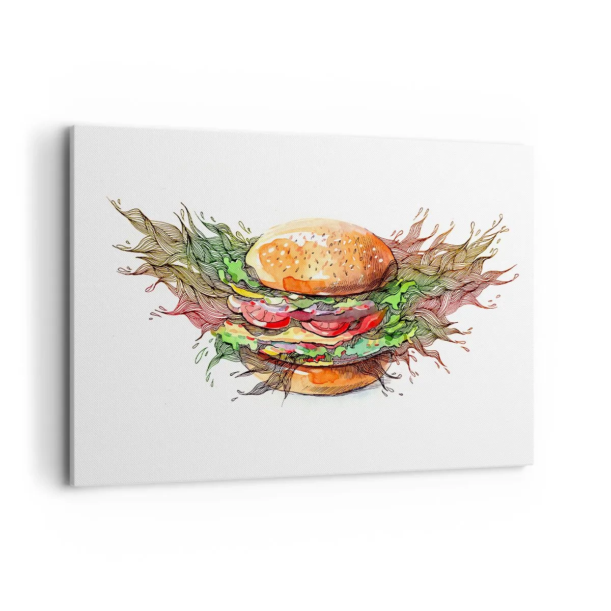 Impression sur toile - Image sur toile - Illustration artistique d'un burger avec des éléments dynamiques - 120x80cm - Tentation chaude - Décoration murale moderne pour le salon et la chambre ARTTOR