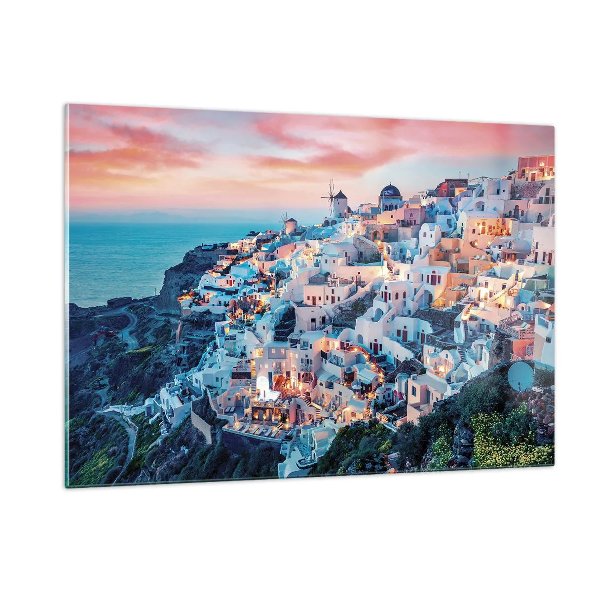Impression sur verre - Image sur verre - Ville grecque perchée sur une falaise au crépuscule surplombant la mer - 120x80cm - Vos grandes vacances en Grèce - Décoration murale moderne pour le salon et la chambre ARTTOR