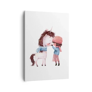Impression sur toile - Image sur toile - Une fille et une licorne dans un paysage hivernal - 50x70cm - Histoire d'hiver - Décoration murale moderne pour le salon et la chambre ARTTOR
