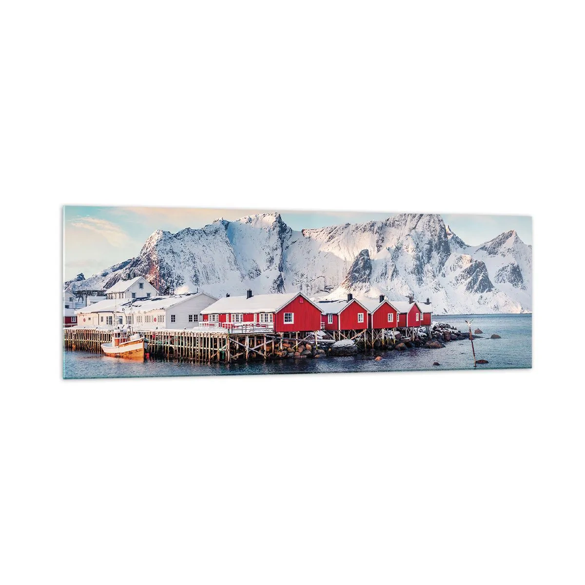 Impression sur verre - Image sur verre - Maisons rouges sur fond de montagnes enneigées et de mer bleue - 160x50cm - Retraite dans le nord - Décoration murale moderne pour le salon et la chambre ARTTOR