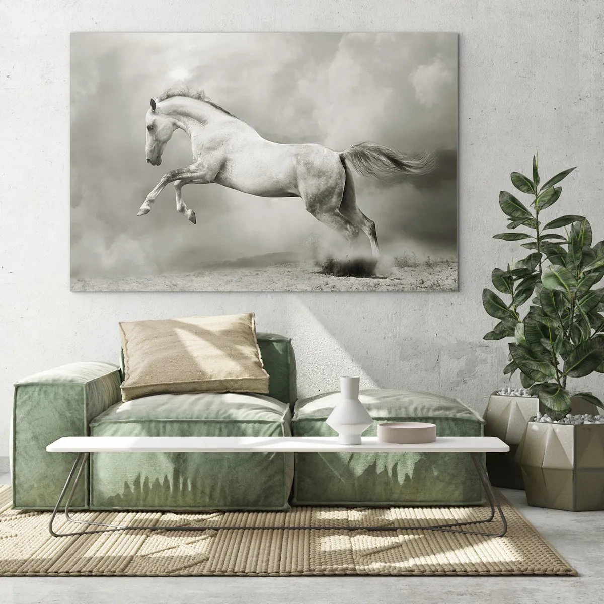Impression sur verre - Image sur verre - Un cheval blanc sautant contre les nuages - 70x50cm - Entre le réveil et le sommeil - Décoration murale moderne pour le salon et la chambre ARTTOR