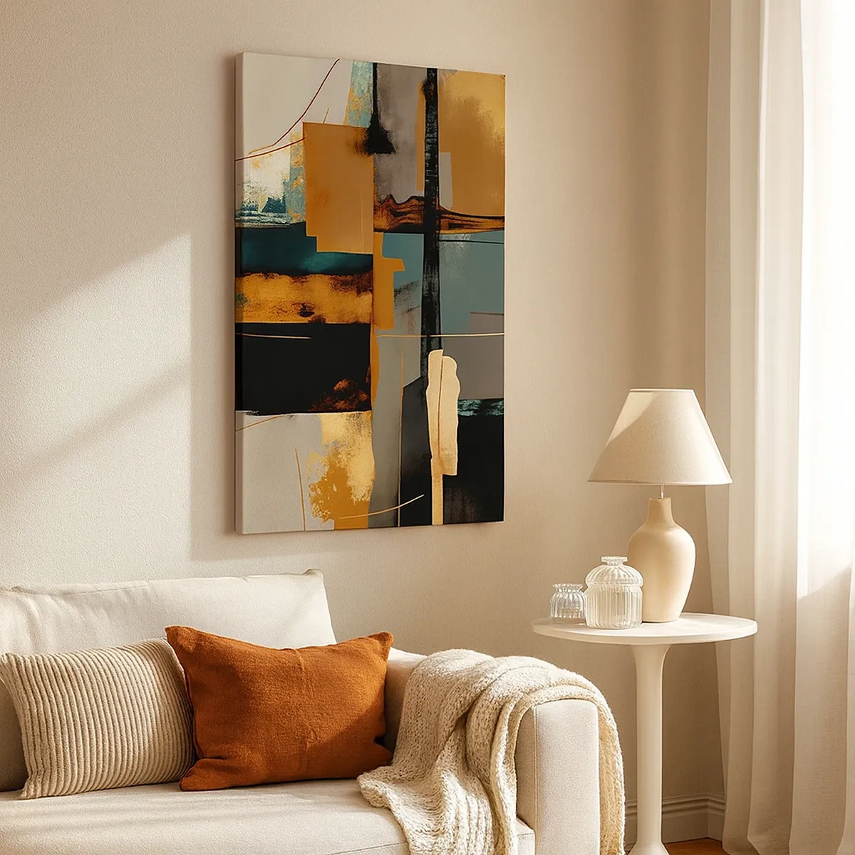 Impression sur toile - Image sur toile - Composition abstraite avec des éléments dorés et turquoise - 50x70cm - Abstraction – lumière et ombre - Décoration murale moderne pour le salon et la chambre ARTTOR