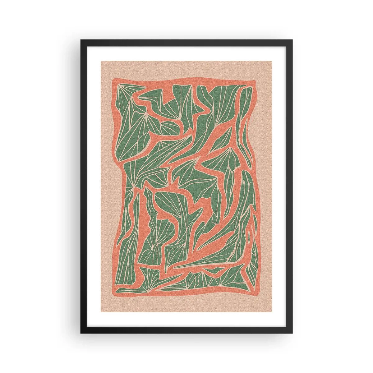 Affiche dans un cadre noir - Poster - Motif de feuilles abstrait dans des tons de vert et de terre cuite - 50x70cm - La lutte entre le corail et la verdure - Décoration murale moderne pour le salon et la chambre ARTTOR