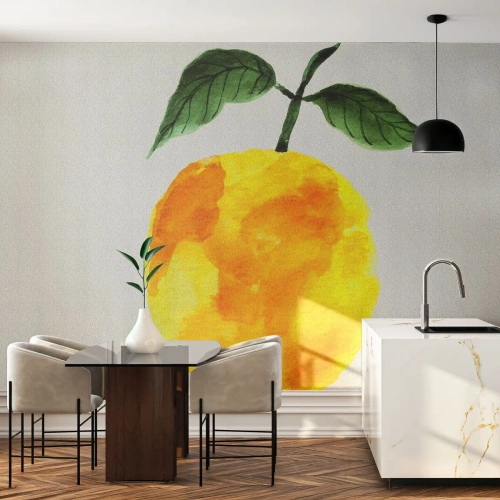 Papier Peint Photo Premium Sand - Citron aquarelle avec des feuilles vertes sur fond blanc - 100x70cm - Comment reconnaitre le goût du soleil - Décoration murale moderne pour le salon et la chambre ARTTOR