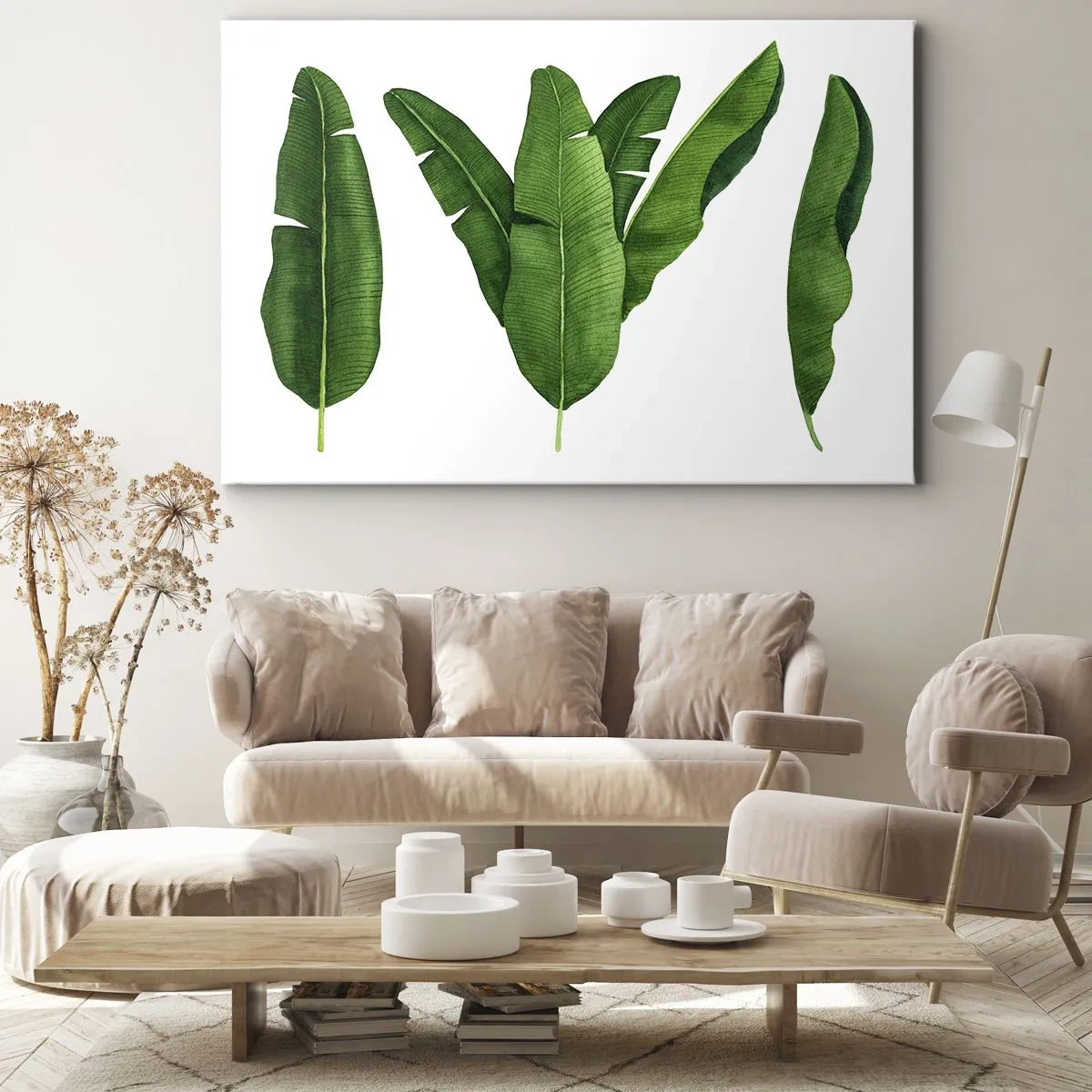 Impression sur toile - Image sur toile - Trois feuilles de bananier dans une approche artistique - 120x80cm - Symétrie verte - Décoration murale moderne pour le salon et la chambre ARTTOR