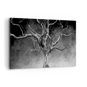Impression sur toile - Image sur toile - Un arbre sec en noir et blanc contre le brouillard - 120x80cm - Primordial et sacré - Décoration murale moderne pour le salon et la chambre ARTTOR