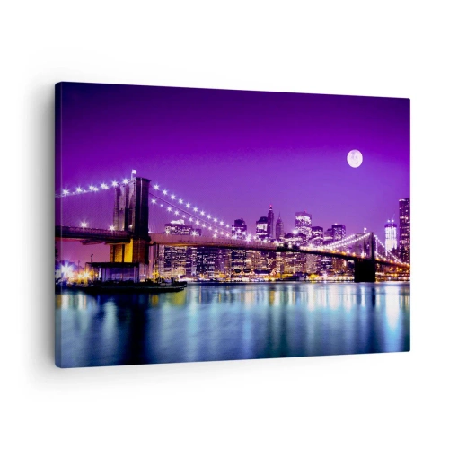 Impression sur toile - Image sur toile - Pont de Brooklyn la nuit avec la ville illuminée et la pleine lune - 70x50cm - Lumières de grande ville en violet - Décoration murale moderne pour le salon et la chambre ARTTOR