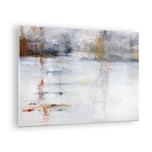 Impression sur verre - Image sur verre - Une peinture abstraite présentant une subtile combinaison de gris, de blanc et d'or. - 70x50cm - Derrière l'air un rideau - Décoration murale moderne pour le salon et la chambre ARTTOR