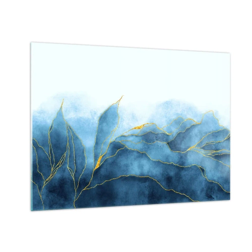 Impression sur verre - Image sur verre - Formes bleues abstraites avec de délicates lignes dorées. - 70x50cm - Bleu doré - Décoration murale moderne pour le salon et la chambre ARTTOR