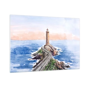 Impression sur verre - Image sur verre - Un phare sur un promontoire rocheux entouré d'une mer calme - 100x70cm - Face à la mer - Décoration murale moderne pour le salon et la chambre ARTTOR