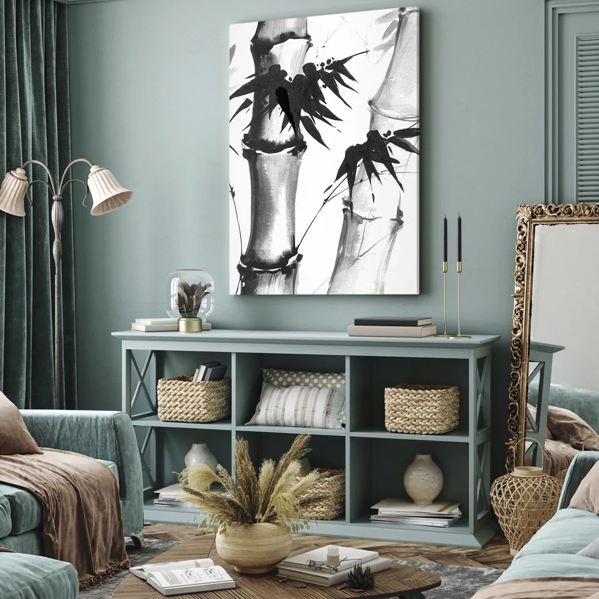 Impression sur toile - Image sur toile - Bambou aquarelle de style japonais sur fond blanc - 50x70cm - Gros plan sur l'orient - Décoration murale moderne pour le salon et la chambre ARTTOR