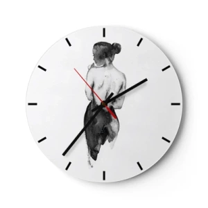 Horloge murale - Pendule murale - Silhouette noire et blanche d'une femme avec le dos exposé - 30x30cm - Auprès d'elle, le monde disparaît - Décoration murale moderne pour le salon, la cuisine et la chambre ARTTOR