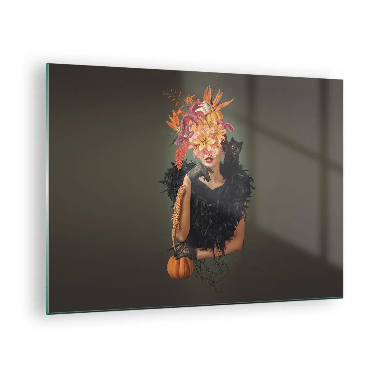 Impression sur verre - Image sur verre - Figure d'une femme en noir avec une citrouille, un chat et une composition florale - 70x50cm - Sort de sorcière - Décoration murale moderne pour le salon et la chambre ARTTOR