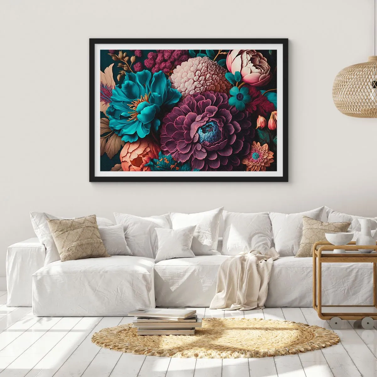 Affiche dans un cadre noir - Poster - Un bouquet de fleurs aux couleurs intenses sur fond sombre - 70x50cm - La nature en abondance - Décoration murale moderne pour le salon et la chambre ARTTOR