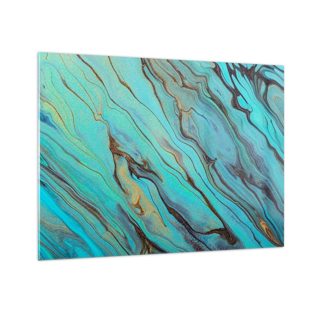Impression sur verre - Image sur verre - Des stries abstraites en turquoise et or - 70x50cm - Marée turquoise - Décoration murale moderne pour le salon et la chambre ARTTOR