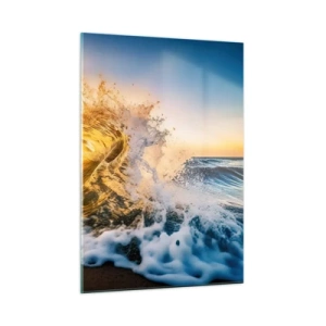 Impression sur verre - Image sur verre - Une vague s'écrasant contre le rivage, illuminée par les rayons du soleil couchant - 50x70cm - S'amuser dans le sable - Décoration murale moderne pour le salon et la chambre ARTTOR