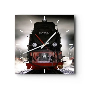 Horloge murale - Pendule murale - Une locomotive à vapeur entourée de vapeur sur un ciel sombre dans un décor atmosphérique - 30x30cm - Il se lève et siffle, halète et souffle - Décoration murale moderne pour le salon et la chambre ARTTOR