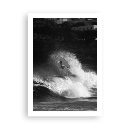 Affiche - Poster - Surfeur noir et blanc en action sur des vagues agitées - 50x70cm - Défi accepté! - Décoration murale moderne pour le salon et la chambre ARTTOR