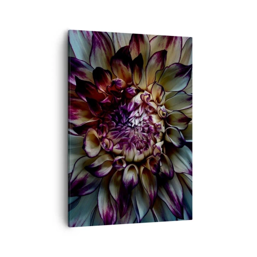 Impression sur toile - Image sur toile - Gros plan d'une fleur de dahlia dans des tons sombres - 50x70cm - L'apogée de la jeunesse - Décoration murale moderne pour le salon et la chambre ARTTOR