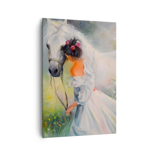 Impression sur toile - Image sur toile - Une femme avec un cheval blanc dans un cadre pittoresque - 70x100cm - Comme dans un beau rêve - Décoration murale moderne pour le salon et la chambre ARTTOR