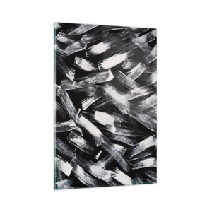 Impression sur verre - Image sur verre - Abstraction dynamique avec des coups de pinceau blancs sur fond noir. - 80x120cm - L'abstraction dans l'esprit industriel - Décoration murale moderne pour le salon et la chambre ARTTOR