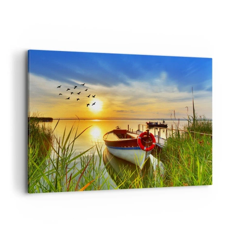 Impression sur toile - Image sur toile - Un bateau sur la rive d'un lac au coucher du soleil - 120x80cm - Les cormorans s'envolent déjà - Décoration murale moderne pour le salon et la chambre ARTTOR