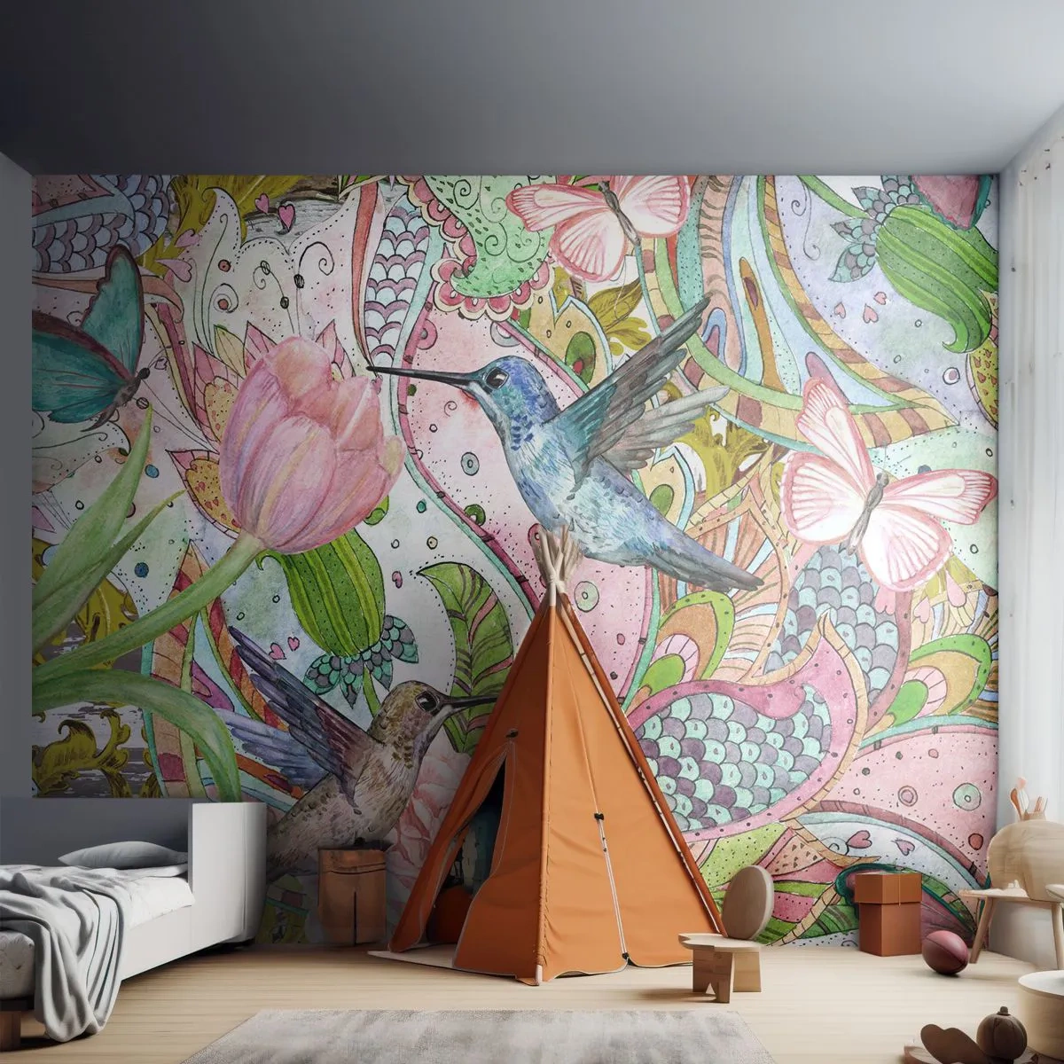 Papier Peint Autocollant Deluxe Sticker - Empêtré dans les vignes - Fleurs, Oiseau, Papillon - 400x280 cm