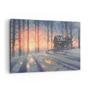 Impression sur toile - Image sur toile - Un chalet forestier dans un paysage hivernal avec les rayons du soleil couchant - 100x70cm - Seul le soleil regarde ici - Décoration murale moderne pour le salon et la chambre ARTTOR