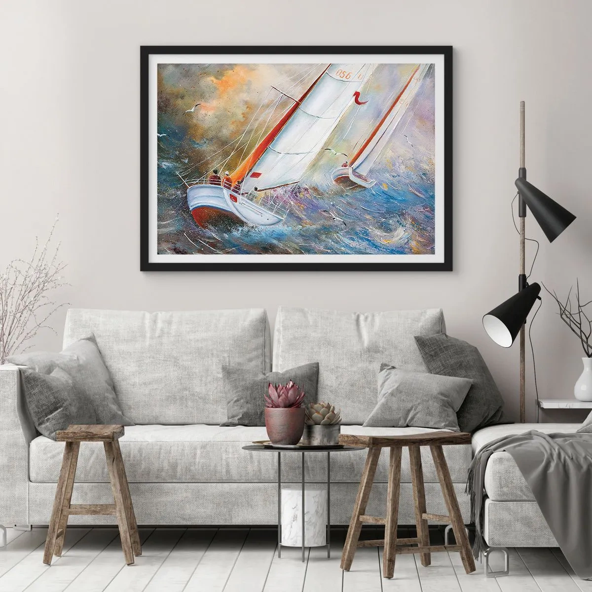 Affiche dans un cadre noir - Poster - Voiliers sur des vagues agitées dans une composition dynamique - 100x70cm - Concourir sur les vagues - Décoration murale moderne pour le salon et la chambre ARTTOR