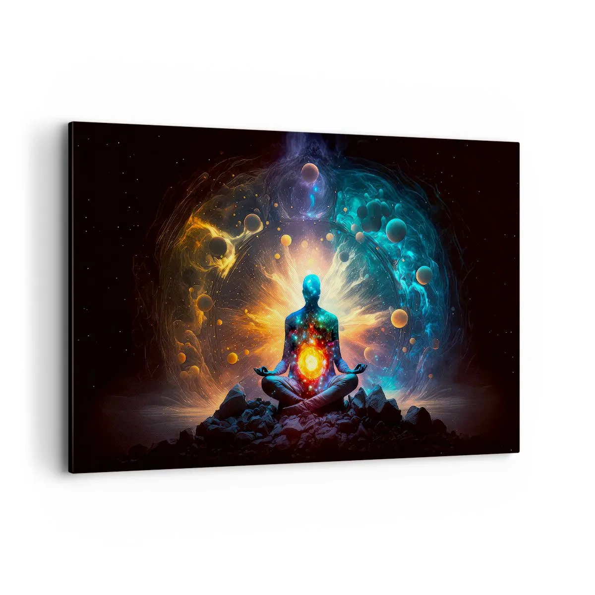 Impression sur toile - Image sur toile - Une figure en méditation entourée d'une aura cosmique - 120x80cm - Paix cosmique - Décoration murale moderne pour le salon et la chambre ARTTOR