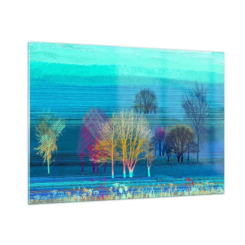 Impression sur verre - Image sur verre - Un paysage coloré avec des arbres sur un fond de tons bleus - 100x70cm - Un paysage soigné - Décoration murale moderne pour le salon et la chambre ARTTOR