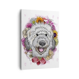 Impression sur toile - Image sur toile - Un chien entouré de fleurs colorées - 50x70cm - La joie du chiot - Décoration murale moderne pour le salon et la chambre ARTTOR