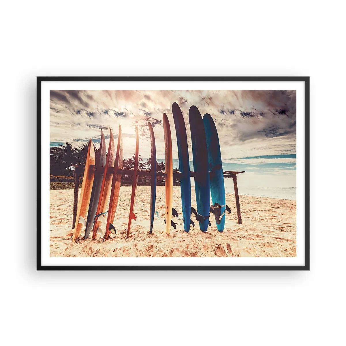 Affiche dans un cadre noir - Poster - Planches de surf sur la plage au coucher du soleil - 100x70cm - Bonne nuit, à demain - Décoration murale moderne pour le salon et la chambre ARTTOR