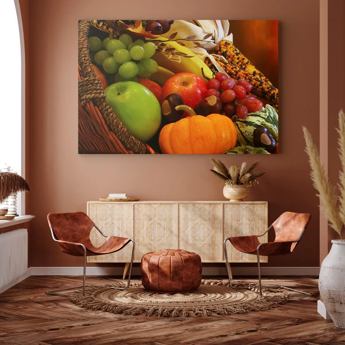 Impression sur toile - Image sur toile - Un panier de fruits, de citrouilles et de maïs sur fond de couleurs d'automne. - 70x50cm - Panier de récolte - Décoration murale moderne pour le salon et la chambre ARTTOR
