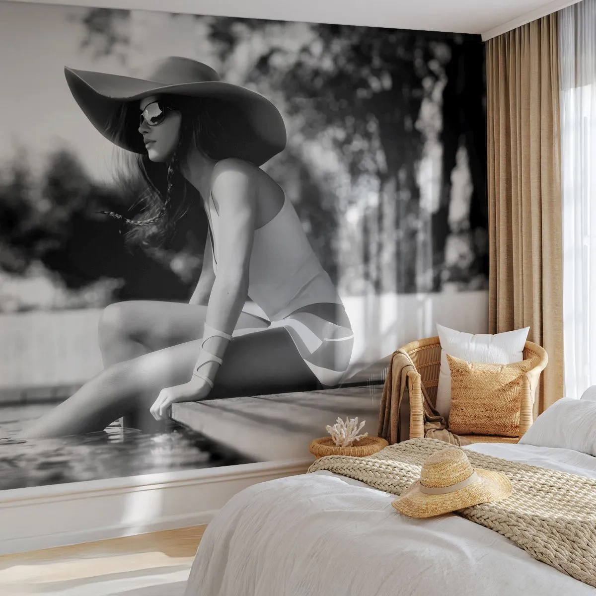 Papier Peint Autocollant Deluxe Sticker - Rêve d'été - Femme, Chapeau, Piscine - 250x175 cm