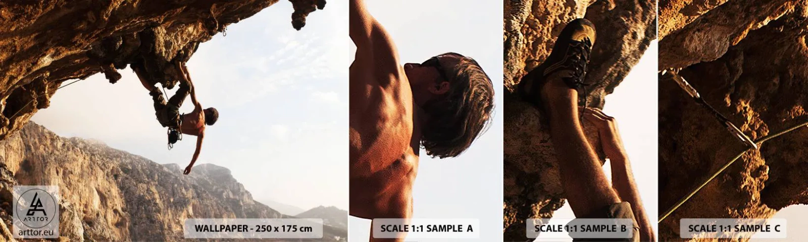 Échantillon De Papier Peint Standard Eco - Le monde rétréci dans une main sur une coupe de rocher - Île de Kalymnos, Escalade, Paysage - 100x30 cm