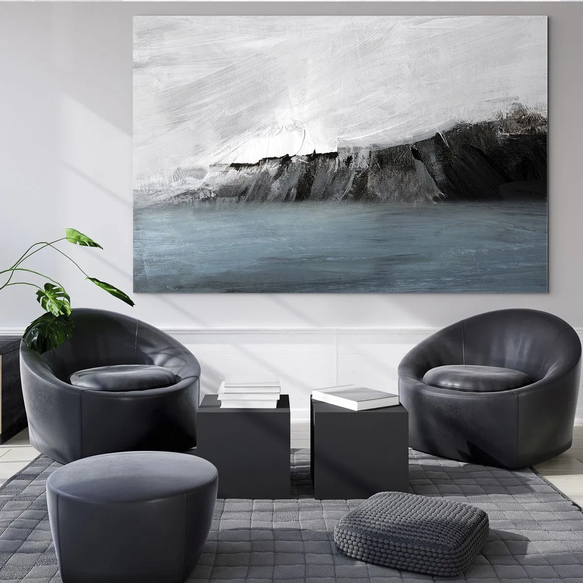 Impression sur verre - Image sur verre - Composition abstraite dans les tons de bleu, blanc et noir - 70x50cm - Eau – terre : choc des éléments - Décoration murale moderne pour le salon et la chambre ARTTOR