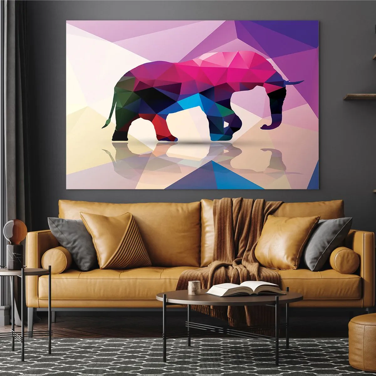 Impression sur verre - Image sur verre - Éléphant géométrique dans une abstraction colorée et vibrante - 70x50cm - Dinosaure en cristal - Décoration murale moderne pour le salon et la chambre ARTTOR