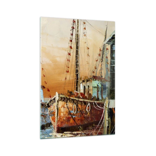 Impression sur verre - Image sur verre - Bateaux sur le rivage dans la chaude lumière du coucher de soleil - 70x100cm - Retour tranquille - Décoration murale moderne pour le salon et la chambre ARTTOR